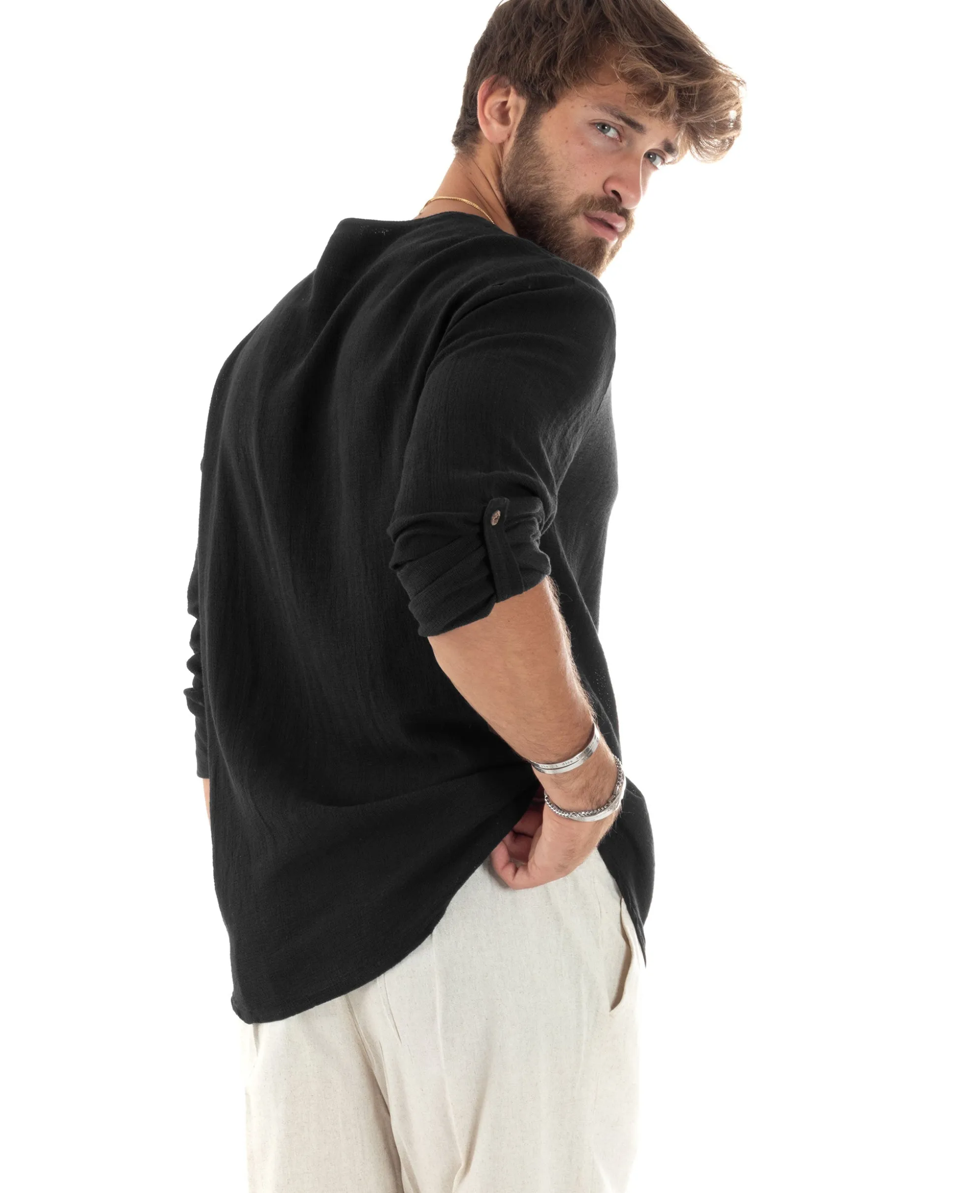 Camicia Uomo Cotone Collo Serafino Scollo Rotondo Bottoncini Nero GIOSAL-C2870A