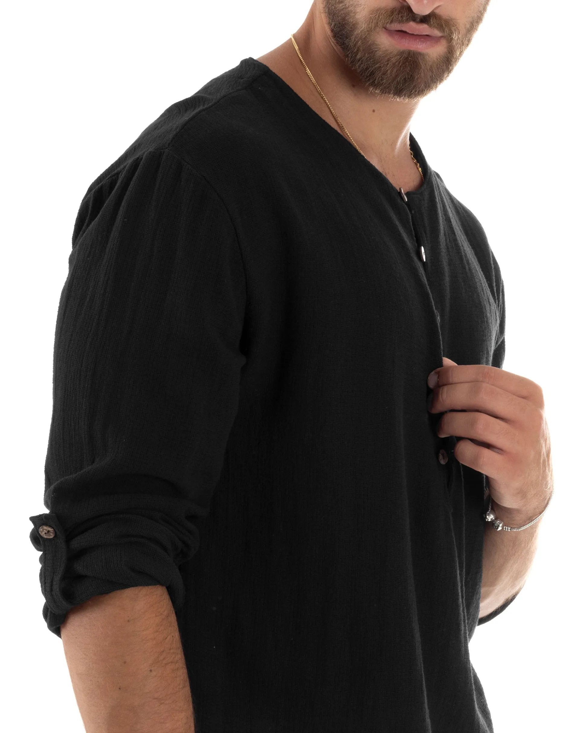 Camicia Uomo Cotone Collo Serafino Scollo Rotondo Bottoncini Nero GIOSAL-C2870A