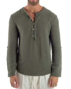Camicia Uomo Cotone Collo Serafino Scollo Rotondo Bottoncini Verde GIOSAL-C2974A