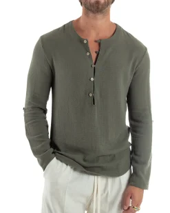 Camicia Uomo Cotone Collo Serafino Scollo Rotondo Bottoncini Verde GIOSAL-C2974A