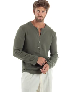 Camicia Uomo Cotone Collo Serafino Scollo Rotondo Bottoncini Verde GIOSAL-C2974A