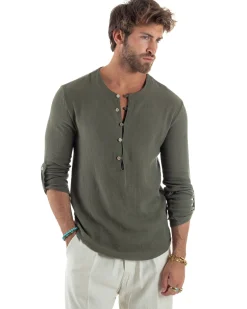 Camicia Uomo Cotone Collo Serafino Scollo Rotondo Bottoncini Verde GIOSAL-C2974A