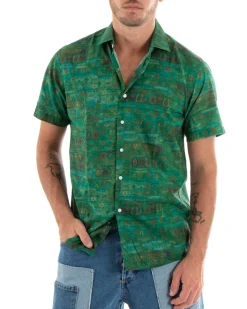 Camicia Uomo Cotone Manica Corta Colletto Fantasia Etnica Casual Verde GIOSAL-CC1189A
