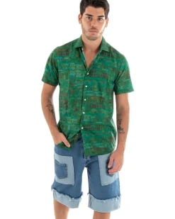 Camicia Uomo Cotone Manica Corta Colletto Fantasia Etnica Casual Verde GIOSAL-CC1189A