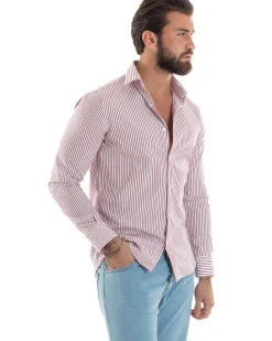 Camicia uomo cotone slim fit collo francese righe bastoncino sottile rosso GIOSAL-C2913A