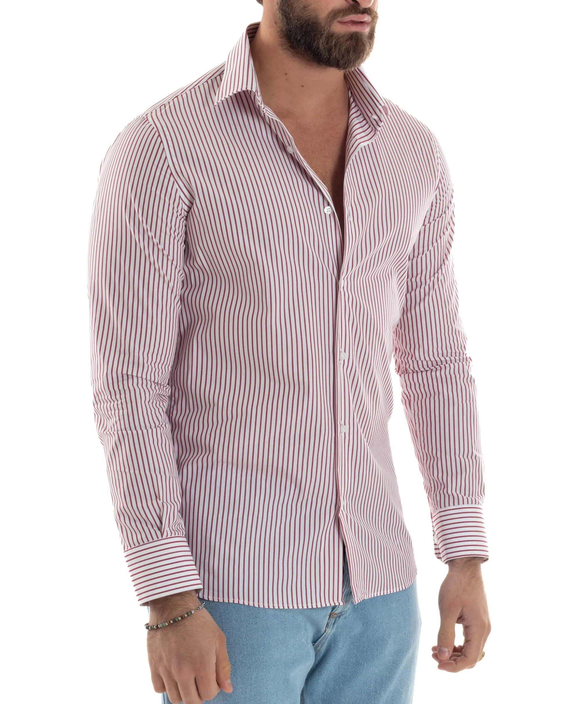 Camicia uomo cotone slim fit collo francese righe bastoncino sottile rosso GIOSAL-C2913A