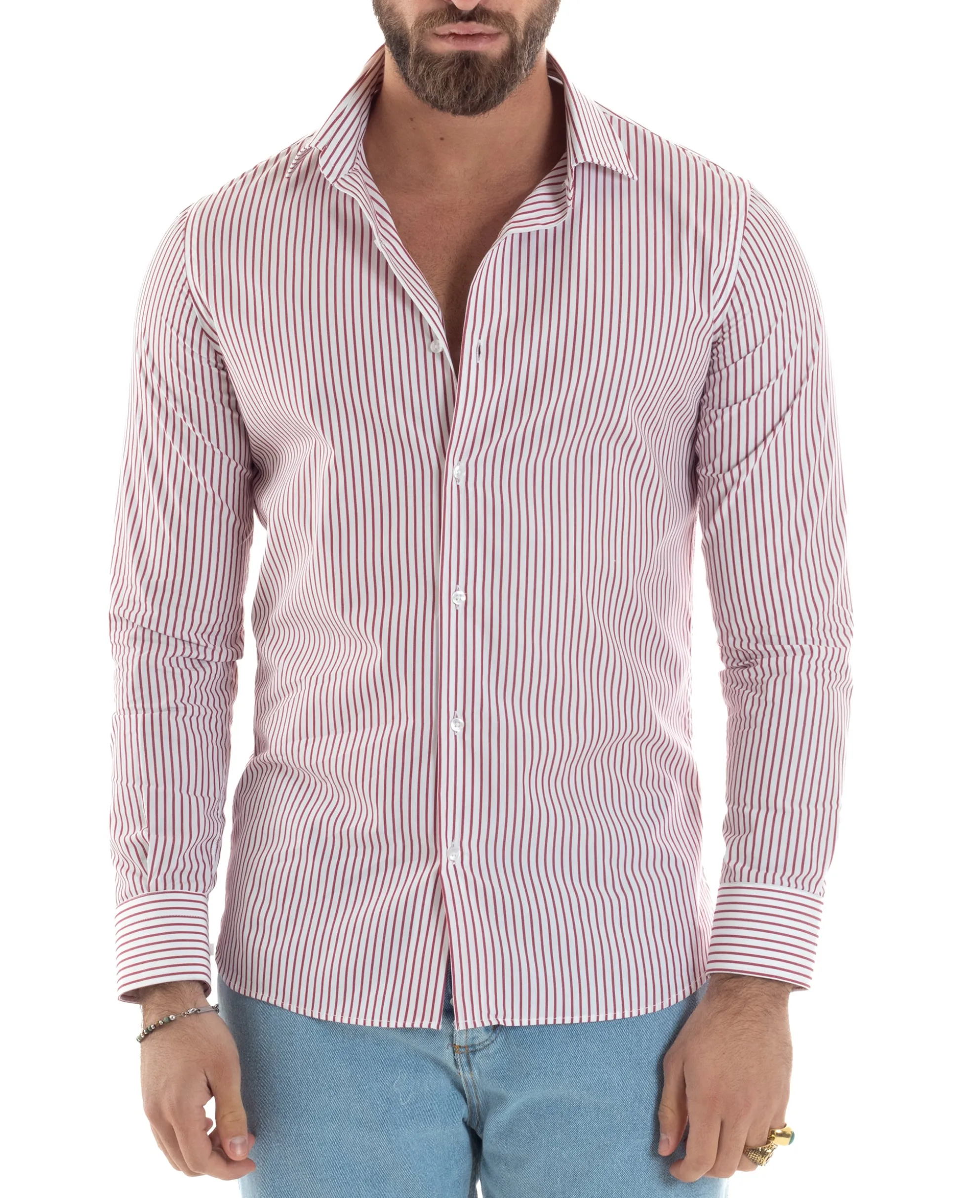 Camicia uomo cotone slim fit collo francese righe bastoncino sottile rosso GIOSAL-C2913A