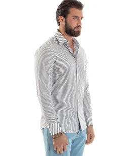 Camicia uomo cotone slim fit collo francese righe bastoncino sottile marrone GIOSAL-C2914A