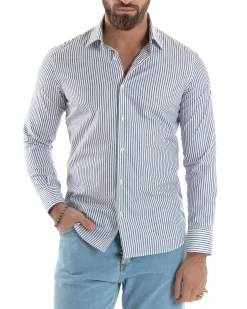 Camicia uomo cotone slim fit collo francese righe bastoncino sottile blu GIOSAL-C2912A