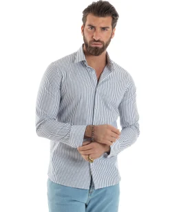 Camicia uomo cotone slim fit collo francese righe bastoncino sottile blu GIOSAL-C2912A