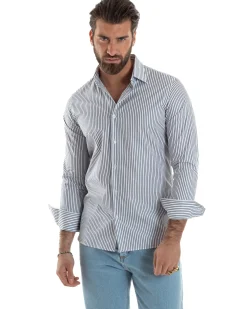 Camicia uomo cotone slim fit collo francese righe bastoncino sottile blu GIOSAL-C2912A
