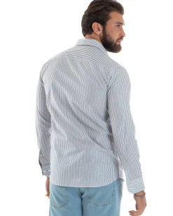 Camicia uomo cotone slim fit collo francese righe bastoncino sottile blu GIOSAL-C2912A