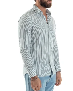 Camicia uomo cotone slim fit collo francese righe bastoncino sottile verde GIOSAL-C2911A