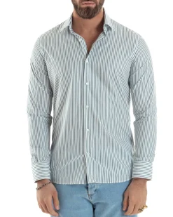Camicia uomo cotone slim fit collo francese righe bastoncino sottile verde GIOSAL-C2911A