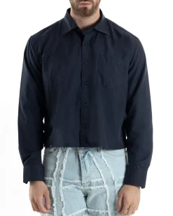 Camicia Uomo Cropped Maniche Lunghe Taschino Boxy Fit Blu C2825A