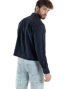 Camicia Uomo Cropped Maniche Lunghe Taschino Boxy Fit Blu C2825A