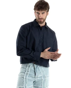 Camicia Uomo Cropped Maniche Lunghe Taschino Boxy Fit Blu C2825A