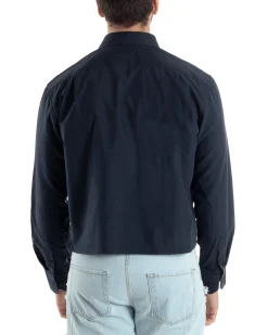 Camicia Uomo Cropped Maniche Lunghe Taschino Boxy Fit Blu C2825A