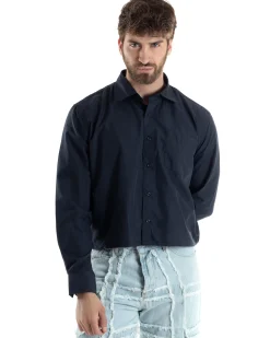 Camicia Uomo Cropped Maniche Lunghe Taschino Boxy Fit Blu C2825A