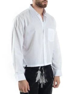 Camicia Uomo Cropped Maniche Lunghe Taschino Boxy Fit Bianco C2822A
