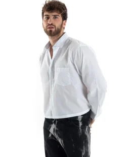 Camicia Uomo Cropped Maniche Lunghe Taschino Boxy Fit Bianco C2822A