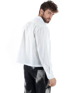 Camicia Uomo Cropped Maniche Lunghe Taschino Boxy Fit Bianco C2822A