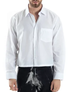 Camicia Uomo Cropped Maniche Lunghe Taschino Boxy Fit Bianco C2822A