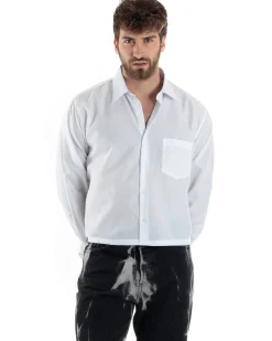 Camicia Uomo Cropped Maniche Lunghe Taschino Boxy Fit Bianco C2822A