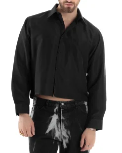 Camicia Uomo Cropped Maniche Lunghe Taschino Boxy Fit Nero C2823A