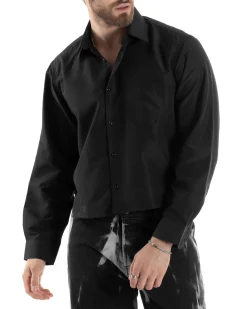 Camicia Uomo Cropped Maniche Lunghe Taschino Boxy Fit Nero C2823A