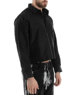 Camicia Uomo Cropped Maniche Lunghe Taschino Boxy Fit Nero C2823A