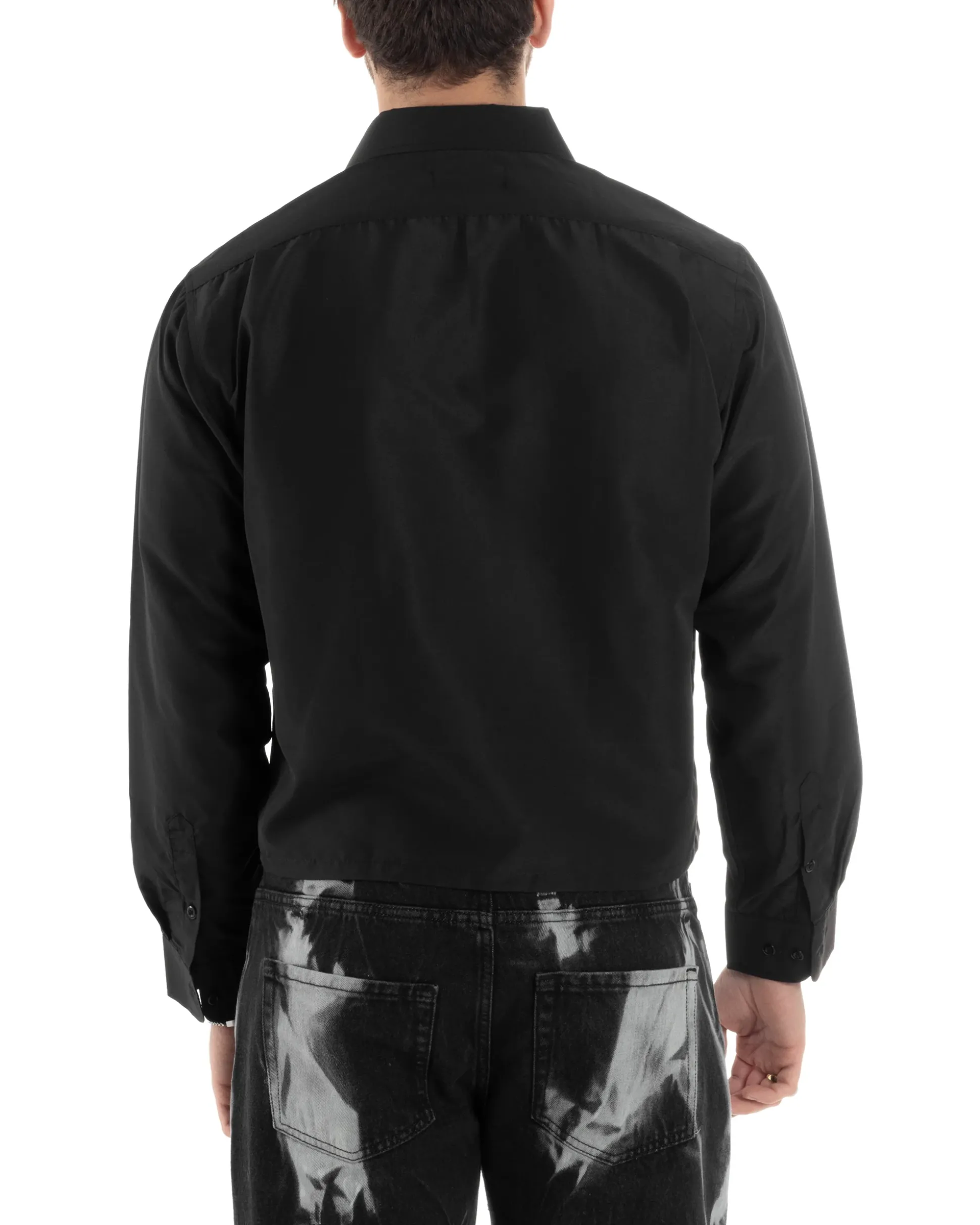 Camicia Uomo Cropped Maniche Lunghe Taschino Boxy Fit Nero C2823A