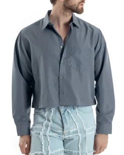 Camicia Uomo Cropped Maniche Lunghe Taschino Boxy Fit Grigio C2826A