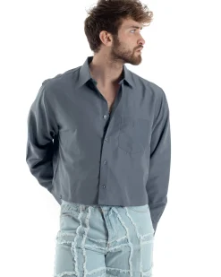 Camicia Uomo Cropped Maniche Lunghe Taschino Boxy Fit Grigio C2826A