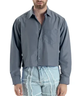 Camicia Uomo Cropped Maniche Lunghe Taschino Boxy Fit Grigio C2826A