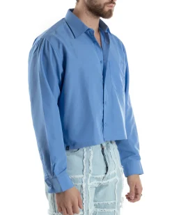 Camicia Uomo Cropped Maniche Lunghe Taschino Boxy Fit Azzurro C2824A