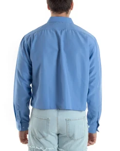 Camicia Uomo Cropped Maniche Lunghe Taschino Boxy Fit Azzurro C2824A