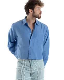 Camicia Uomo Cropped Maniche Lunghe Taschino Boxy Fit Azzurro C2824A