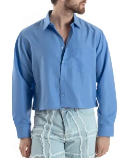 Camicia Uomo Cropped Maniche Lunghe Taschino Boxy Fit Azzurro C2824A