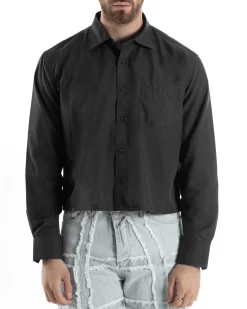 Camicia Uomo Cropped Maniche Lunghe Taschino Boxy Fit Piombo C2827A