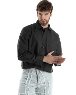 Camicia Uomo Cropped Maniche Lunghe Taschino Boxy Fit Piombo C2827A