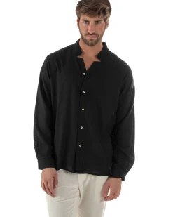 Camicia Uomo In Lino Collo Coreano Scollo V Morbida Leggera Basic Nero GIOSAL-C2955A
