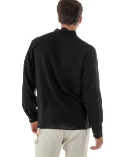 Camicia Uomo In Lino Collo Coreano Scollo V Morbida Leggera Basic Nero GIOSAL-C2955A