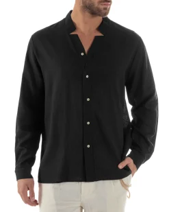 Camicia Uomo In Lino Collo Coreano Scollo V Morbida Leggera Basic Nero GIOSAL-C2955A