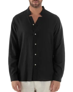 Camicia Uomo In Lino Collo Coreano Scollo V Morbida Leggera Basic Nero GIOSAL-C2955A