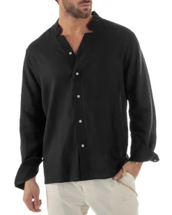Camicia Uomo In Lino Collo Coreano Scollo V Morbida Leggera Basic Nero GIOSAL-C2955A