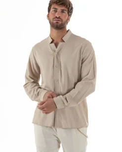 Camicia Uomo In Lino Collo Coreano Scollo V Morbida Leggera Basic Beige GIOSAL-C2953A