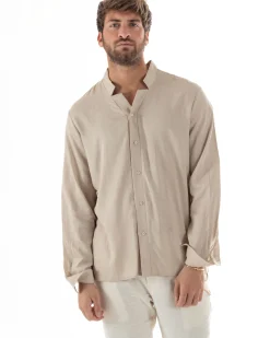 Camicia Uomo In Lino Collo Coreano Scollo V Morbida Leggera Basic Beige GIOSAL-C2953A
