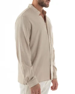 Camicia Uomo In Lino Collo Coreano Scollo V Morbida Leggera Basic Beige GIOSAL-C2953A