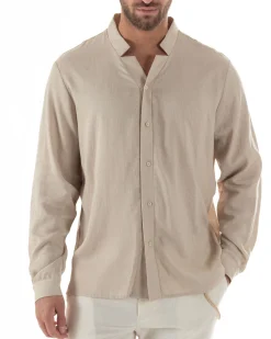 Camicia Uomo In Lino Collo Coreano Scollo V Morbida Leggera Basic Beige GIOSAL-C2953A